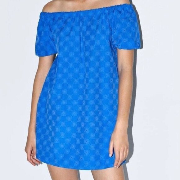 New Zara embroidered off-the-shoulder Eyelet short puff sleeve mini dress XS - Picture 1 of 11